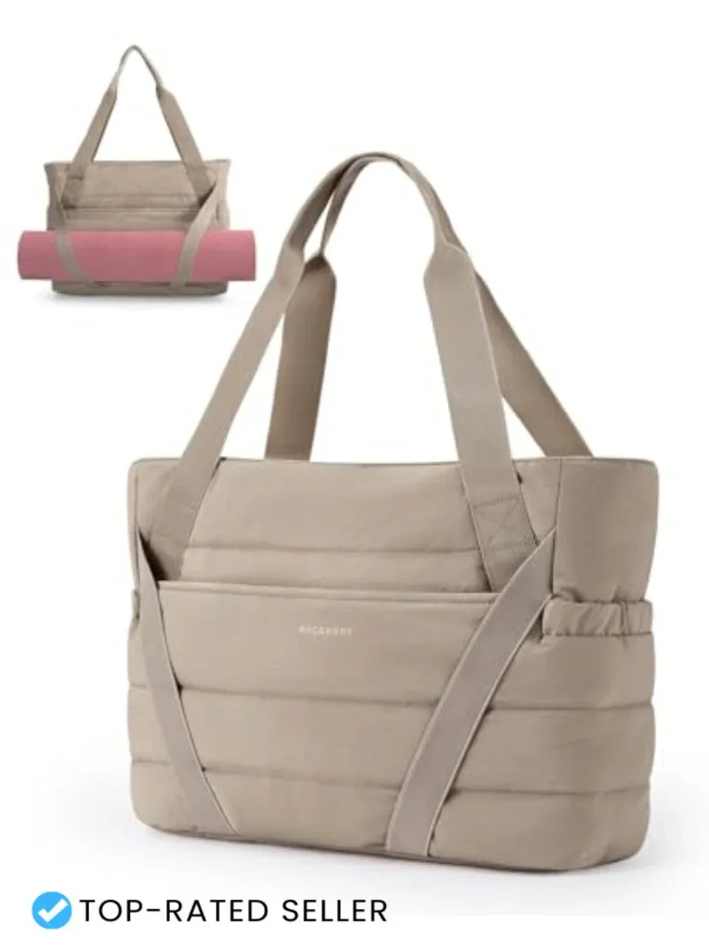 Quilted Nylon Tote Bag with Yoga Mat Straps, Zipper Closure, 7 Pockets, Fits